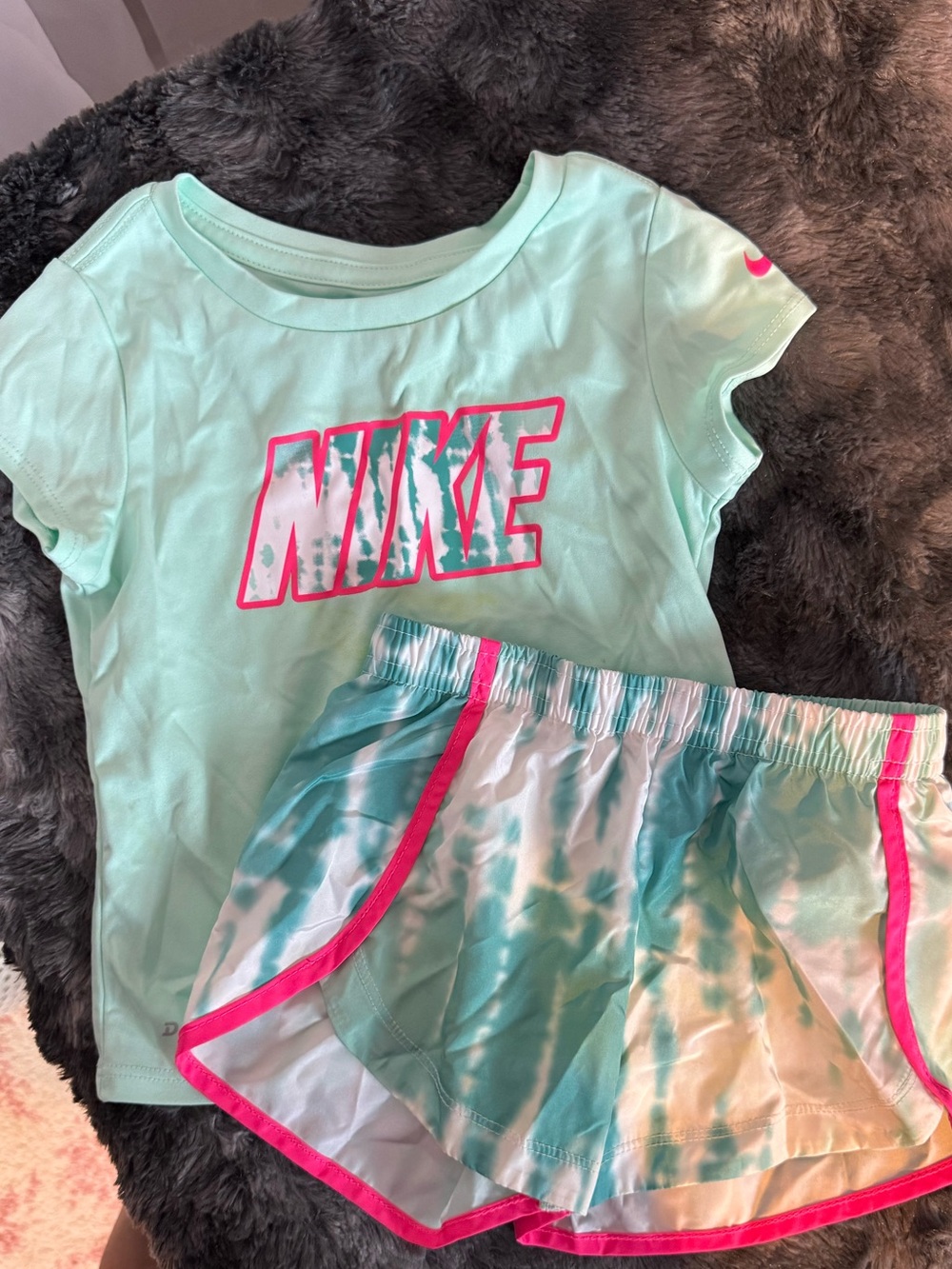 Nike Mint Green Tee and Tie-Dye Shorts with Pink Trim